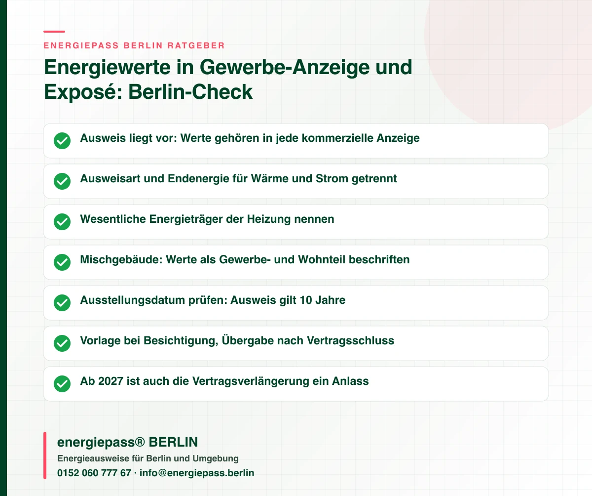 Checkliste für die Energieausweis-Pflichtangaben in Gewerbe-Anzeige und Exposé in Berlin mit sieben Prüfpunkten für Makler und Eigentümer, energiepass® BERLIN