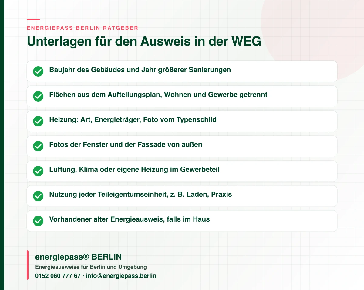 Checkliste der Unterlagen, die eine Eigentümergemeinschaft in Berlin für den Energieausweis eines Hauses mit Gewerbe-Teileigentum braucht, energiepass® BERLIN