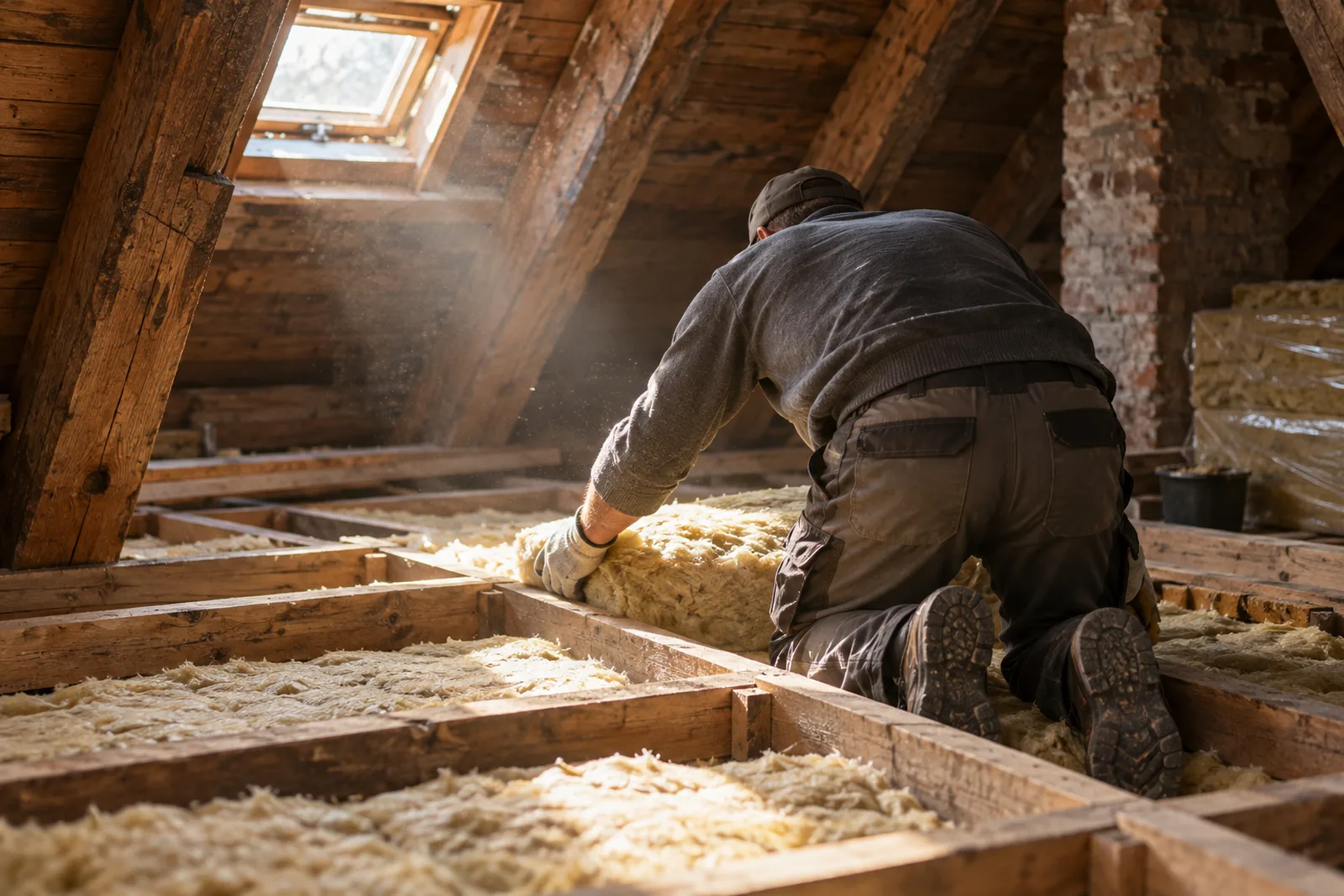 Handwerker dämmt die oberste Geschossdecke eines Berliner Altbaus, echte Sanierung statt Rechenarbeit im Energieausweis, energiepass® BERLIN