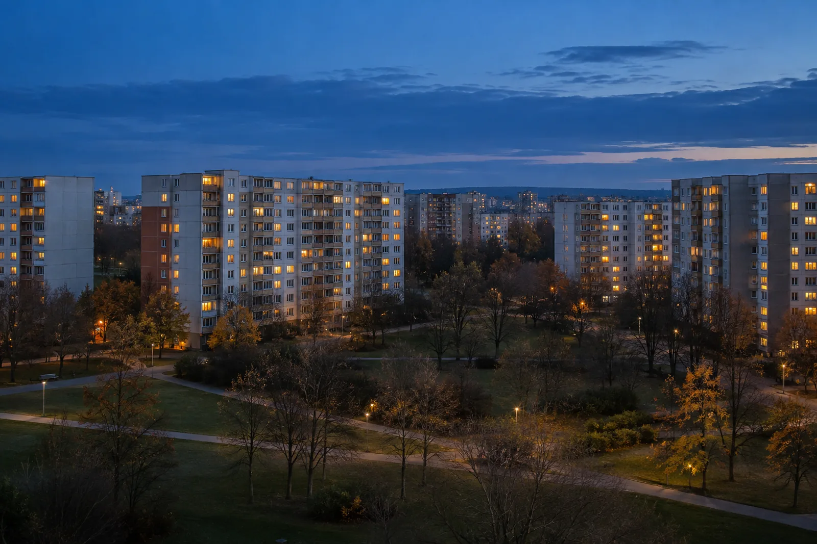Plattenbau-Siedlung in Marzahn zur blauen Stunde, Fernwärme und Modernisierungsempfehlungen im Energieausweis 2027, energiepass® BERLIN